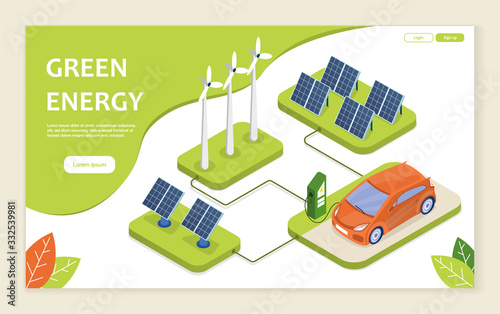 Sustainable and renewable green energy concept with an electric car charging at a charge point, wind turbines utilising kinetic energy and photovoltaic solar panels utilising the sun