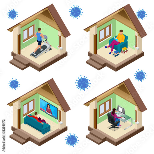 Coronavirus Covid-19, staying at home with self-quarantine to help slow outbreak and protect virus spread. Save the Planet from coronavirus.