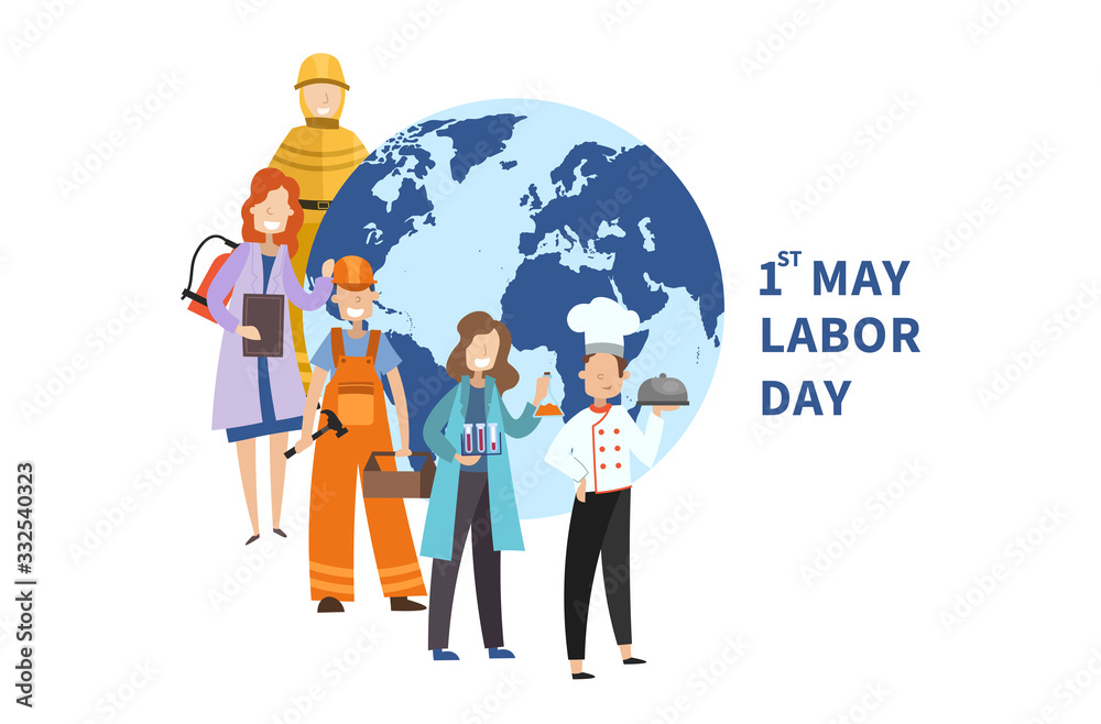 1st May Labor Day poster design with assorted professionals surrounding a world globe with text and copy space, vector illustration 1st May Labor Day poster design with assorted professionals surrounding a world globe with text and copy space, vector illustration