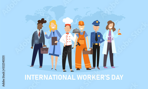 International Workers Day banner with diverse people from the community with police office, chef, teacher, workman, doctor and manager on a mobile standing in a row, vector illustration