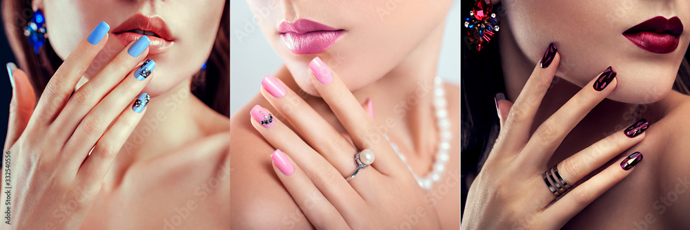 Nail art design. Three looks of woman with perfect make-up and manicure. Fashionable jewellery. Beauty portraits