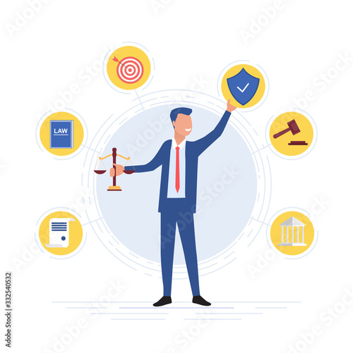 Smiling lawyer holding the scales of justice surrounded by legal icons with law book, target, shield, judges gavel and courtroom, Vector illustration