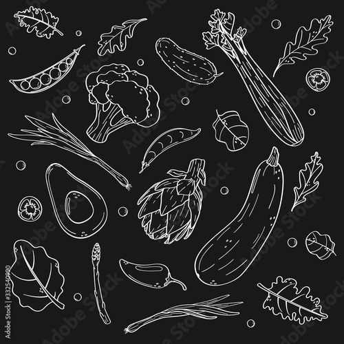 Black and white hand-drawing vegetables in sketch style