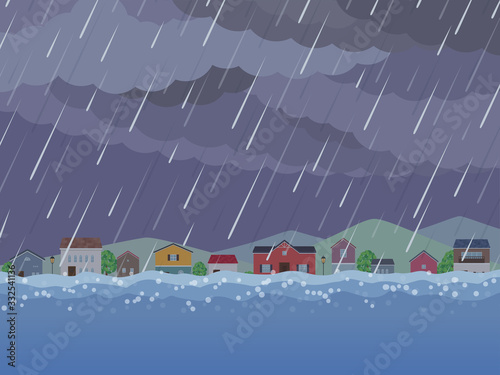 街並みの背景イラスト_雨_水没