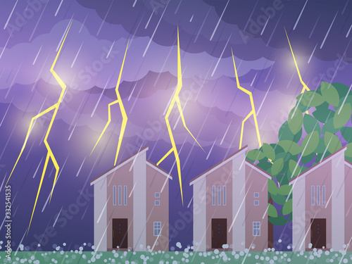 建売住宅の背景イラスト_雷雨