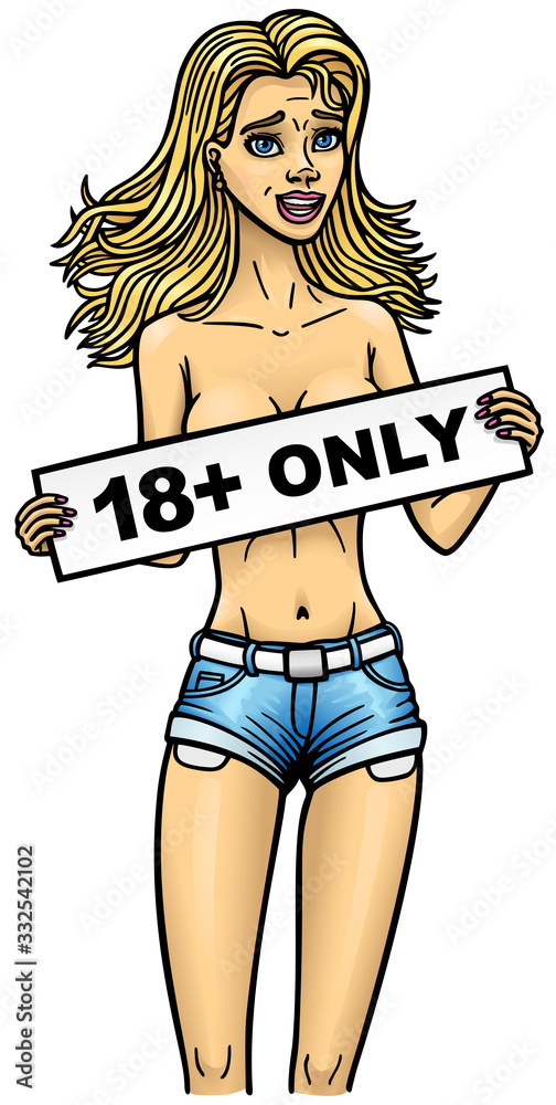The girl covers her naked Breasts with a sign that says 18 only. Stock  Vector | Adobe Stock