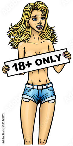 The girl covers her naked Breasts with a sign that says 18 only.
