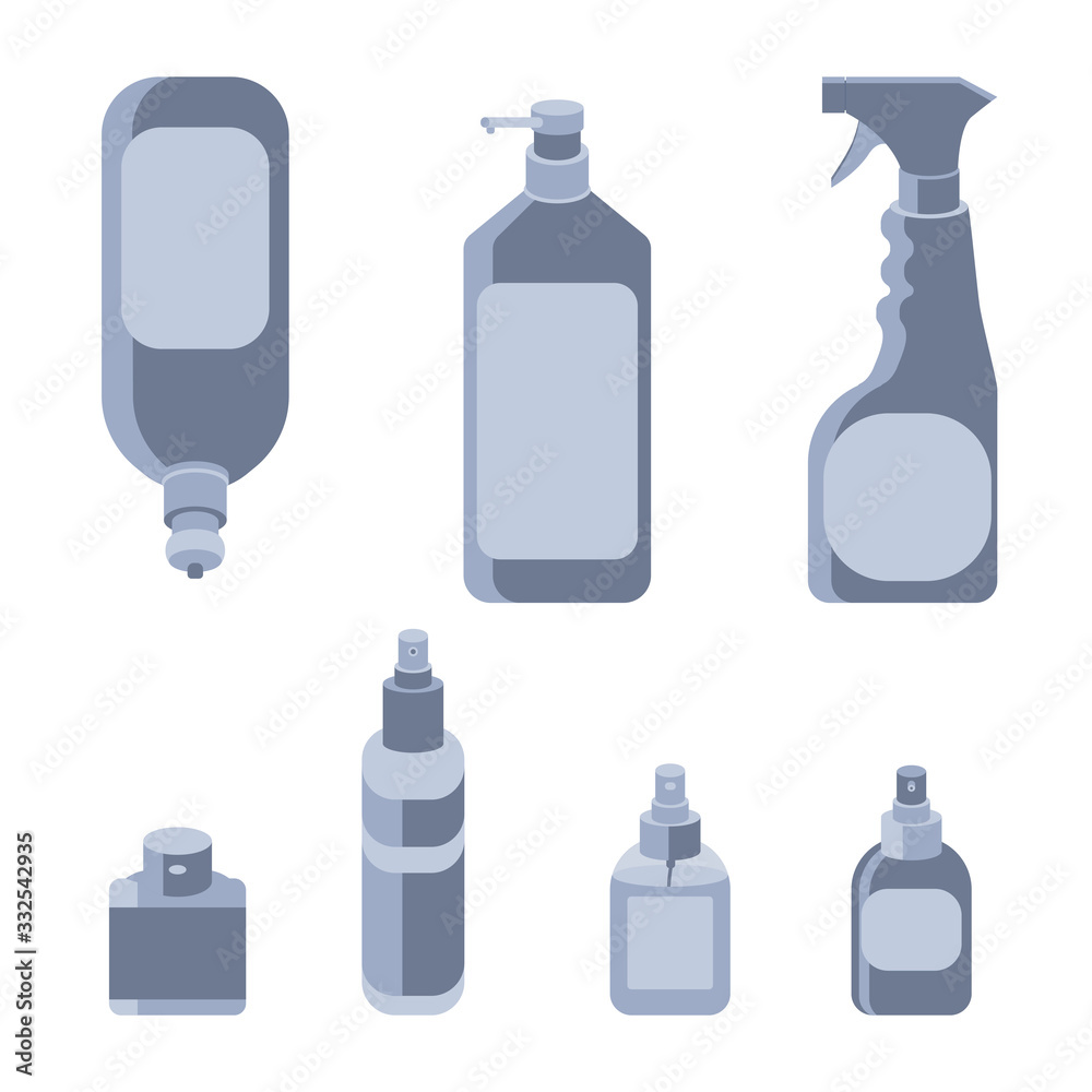 Sticker set mockup on white isolated backdrop. Antiseptic bottles for social banner, hygiene promotion, medical poster. Household goods store logo or info card. Minimal style stock vector illustration Sticker set mockup on white isolated backdrop. Antiseptic bottles for social banner, hygiene promotion, medical poster. Household goods store logo or info card. Minimal style stock vector illustration