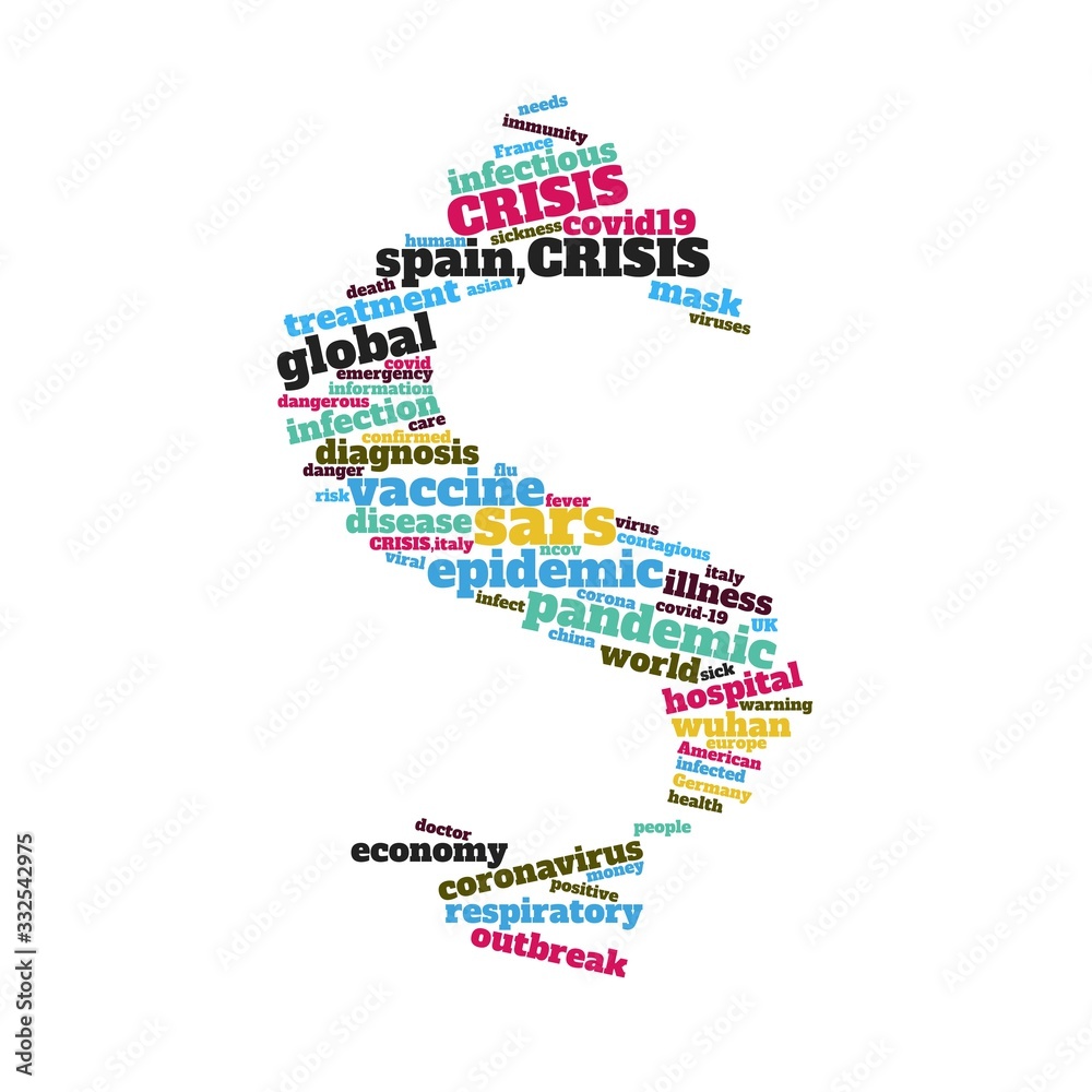 Word tag cloud related to the economic crisis caused by covid-19 disease, isolated on white shaped like a dollar.