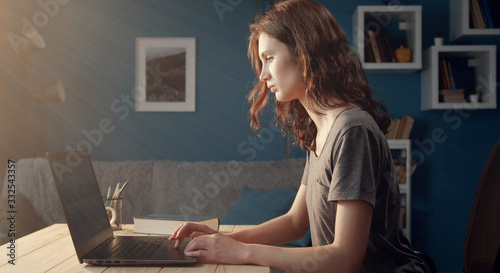 Young serious woman in casual wear using laptop sitting at desk in living room, side view