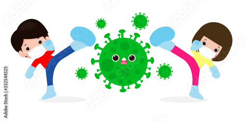 people fight with coronavirus (2019-nCoV), cartoon character man and woman attack COVID-19 ,children and Protection Against Viruses and Bacteria, Healthy lifestyle concept isolated on white background