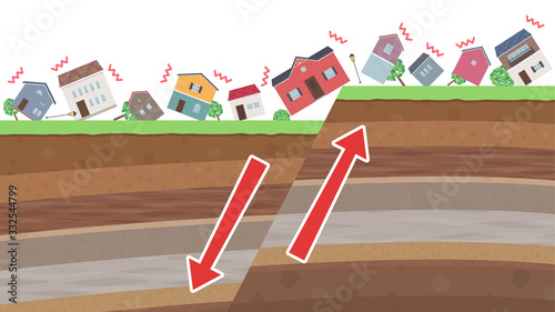  街並みと地震のイラスト_正断層_矢印_16:9