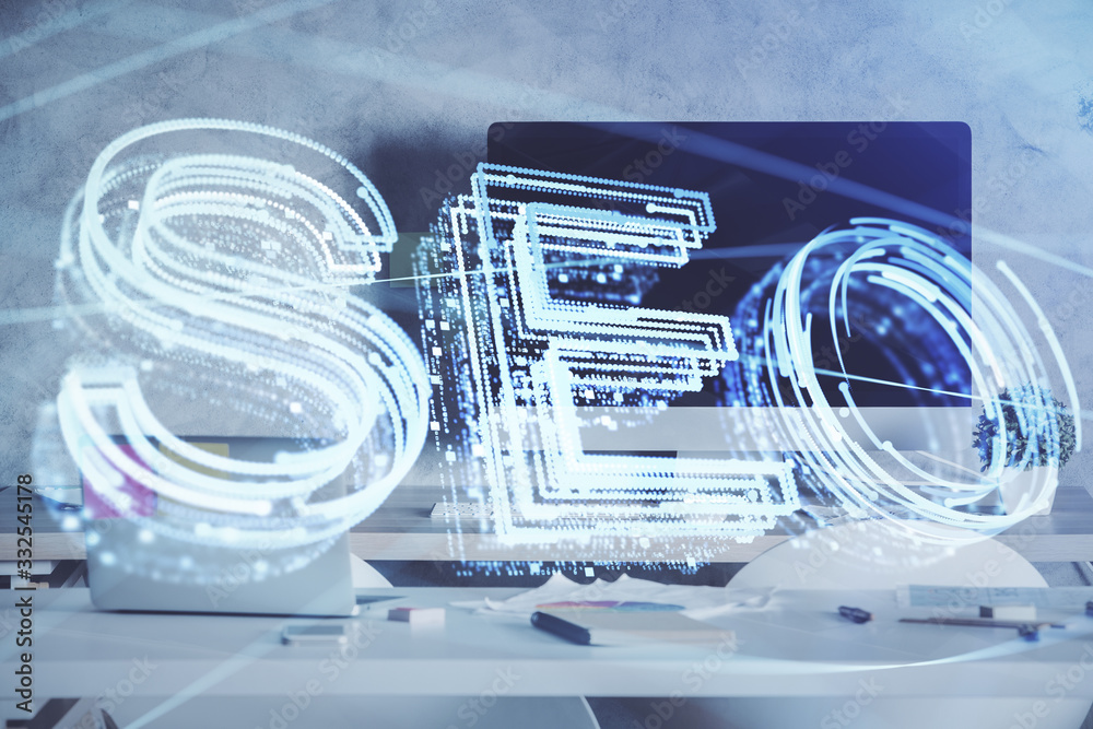 Double exposure of SEO drawing and office interior background. Concept of Search optimization engine. Double exposure of SEO drawing and office interior background. Concept of Search optimization engine.