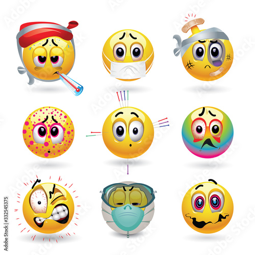 Smiley balls with various diseases. Illustration of emoticons with various medical ailments and symptoms.
