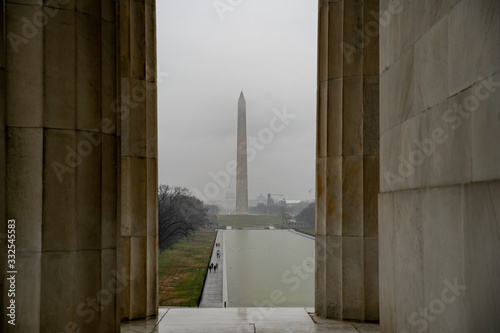 Washington Monument from the Lincoln Memorial on a rainy day. photo