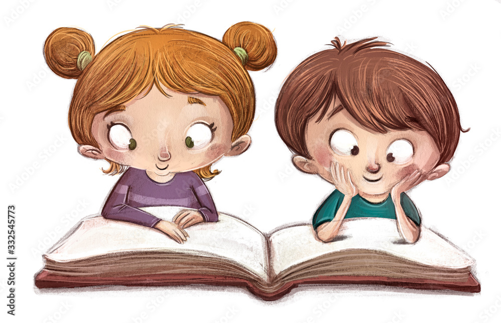 boy and girl reading a book boy and girl reading a book