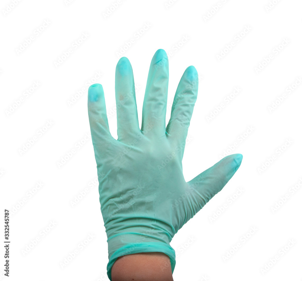 Green rubber glove on hand isolated on the white Green rubber glove on hand isolated on the white
