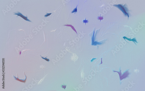 An abstract painting with movement and shapes resembling birds in flight.