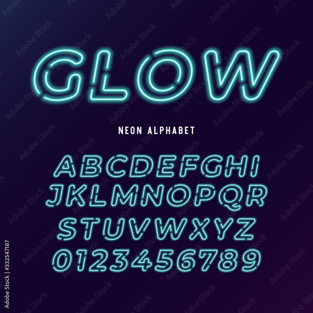neon light modern font. neon tube letters and numbers on dark background.