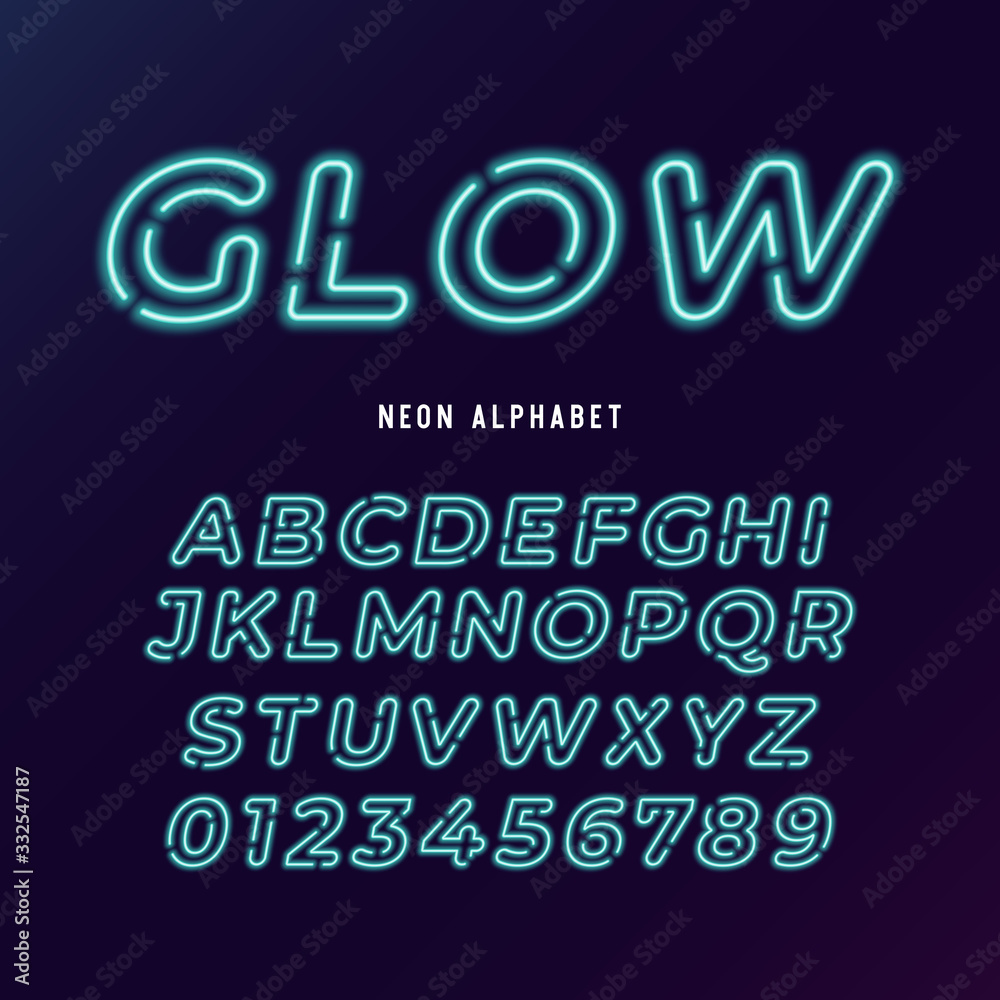 neon light modern font. neon tube letters and numbers on dark background. neon light modern font. neon tube letters and numbers on dark background.