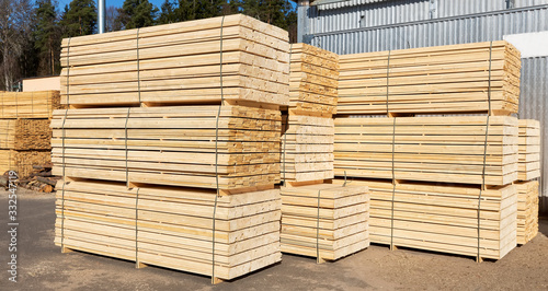 Packed boards, lumber piles in the finished goods warehouse