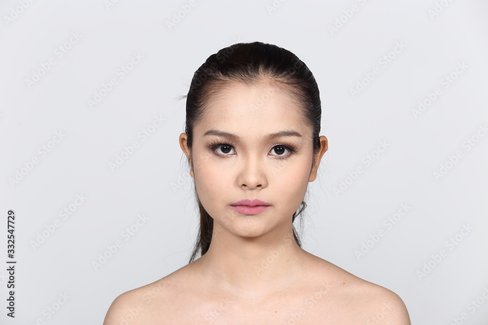 Asian Beautiful Woman diagnose face skin structure and prepare to inject filler botox by syringe to lifting and treatment skincare for brighter smooth youthful, white background isolated Asian Beautiful Woman diagnose face skin structure and prepare to inject filler botox by syringe to lifting and treatment skincare for brighter smooth youthful, white background isolated