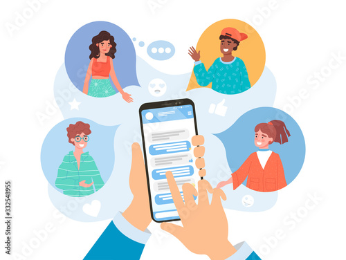 Refer a friend concept on social media with a businessman using a mobile phone app to refer a diverse selection of his friends in colored speech bubbles, vector illustration photo