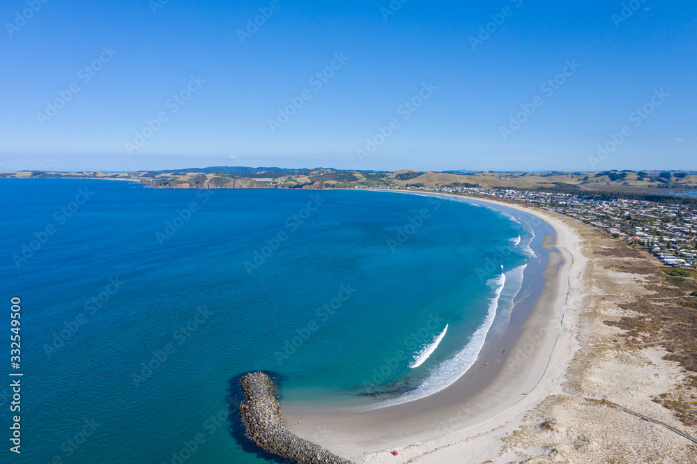 Aerial View from the Beach, Bay, Green Trees and Sea of Omaha in New Zealand - Auckland Area	