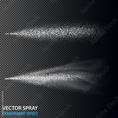 Transparent water spray cosmetic set with dust and dots. White 3d fog spray effect isolated on background. Vector spray smoke effect