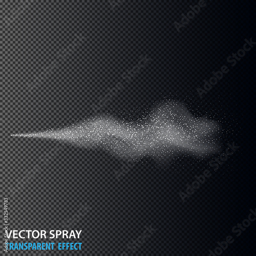 Transparent water spray cosmetic set with dust and dots. White 3d fog spray effect isolated on background. Vector spray smoke effect