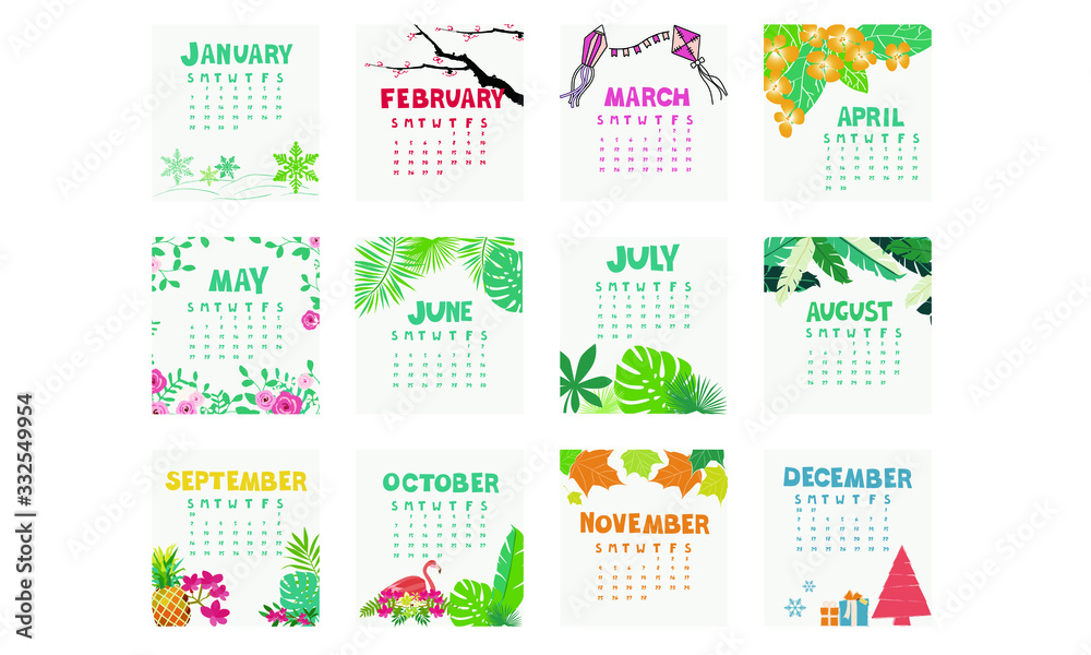 Calendar 2020, Month, New year calendar, Illustration vector, flowers