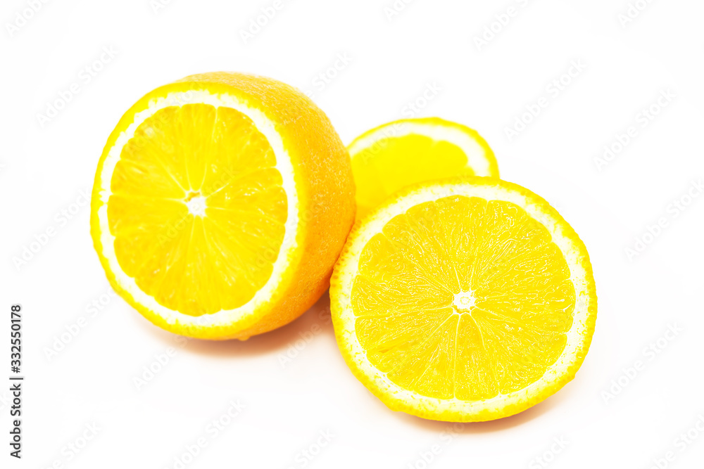 Slices of fresh organic ripe orange isolated on a white background