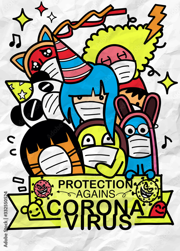 Obraz Grupa ludzi, którzy odczuwają niepokój i strach z powodu koronawirusa. Ilustracja wirusa koronowego Wuhan. ilustracja zapalenia płuc Covid-19.