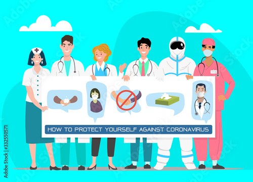 Vector illustration in flat style, team of happy medical holding board, Doctor explain Infographics, wear face mask, wash hand, suggesting the covid-19 virus prevention.