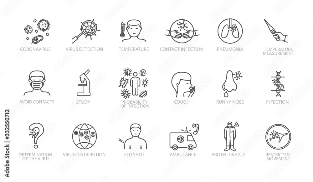 Large assortment of coronavirus sketched icons in black and white line drawings showing various forms of the virus, mask, fever, lungs, travel, testing, and ambulance, vector design elements