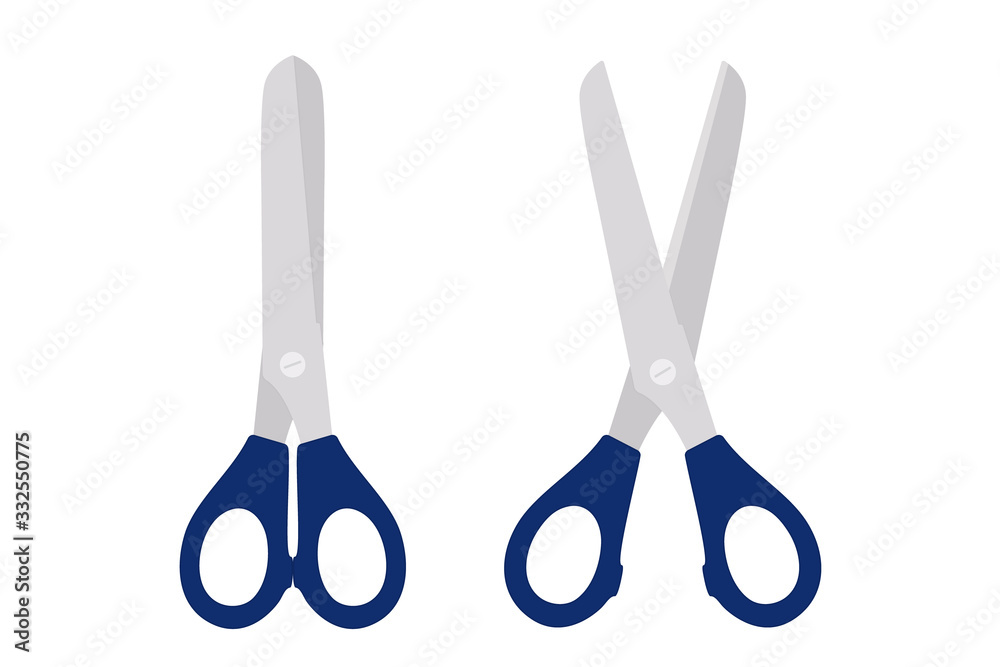 Two pairs of household scissors with blue handles and the blades open and closed isolated on