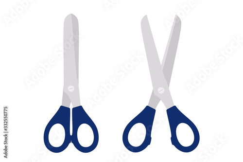 Two pairs of household scissors with blue handles and the blades open and closed isolated on white, vector illustration