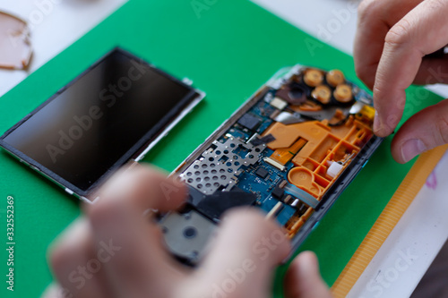 repair electronic equipment in service centre on a green background