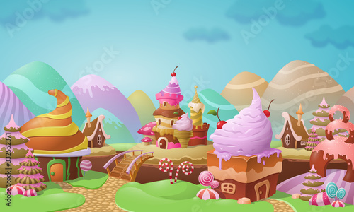 Colorful candy town landscape with confectionery and ice cream twirls on ginger bread and cookie houses decorated with candy against colorful Easter egg hills, vector illustration