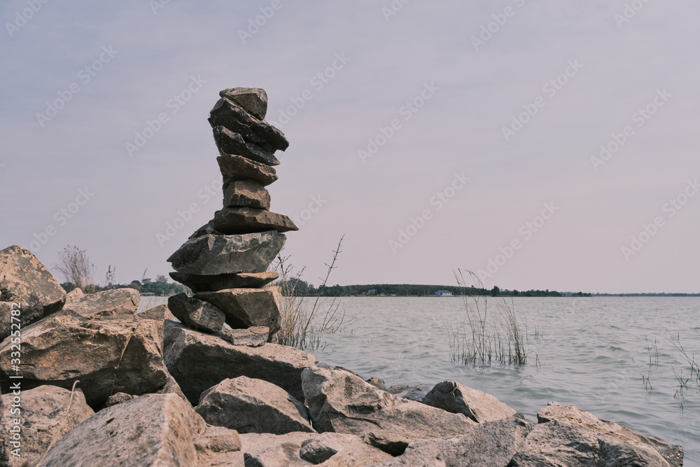 Stone stack, Nature landscape river bank Stone stack, Nature landscape river bank
