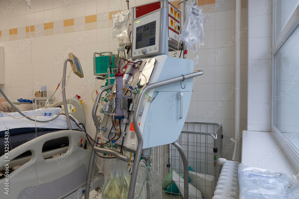 Dialysis machine in ICU in hospital, a place where can be treated patients with pneumonia caused by coronavirus covid 19 Dialysis machine in ICU in hospital, a place where can be treated patients with pneumonia caused by coronavirus covid 19