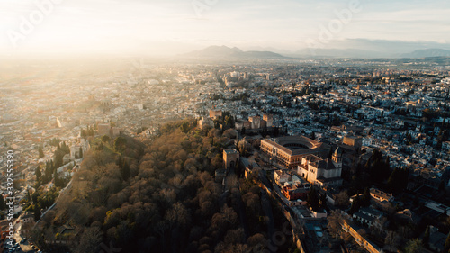 Famous spanish monument,the Alhambra palace aerial view.Fortress located Granada,Andalusia,Spain.UNESCO World Heritage Site in Spain.Arabic architectural attraction in Granada