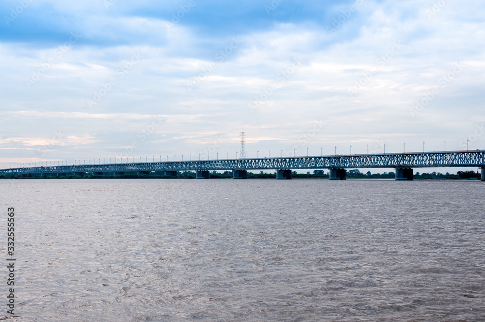 Russia, Khabarovsk, August 2019: Road bridge on the Amur river in the city of Khabarovsk in the summer
