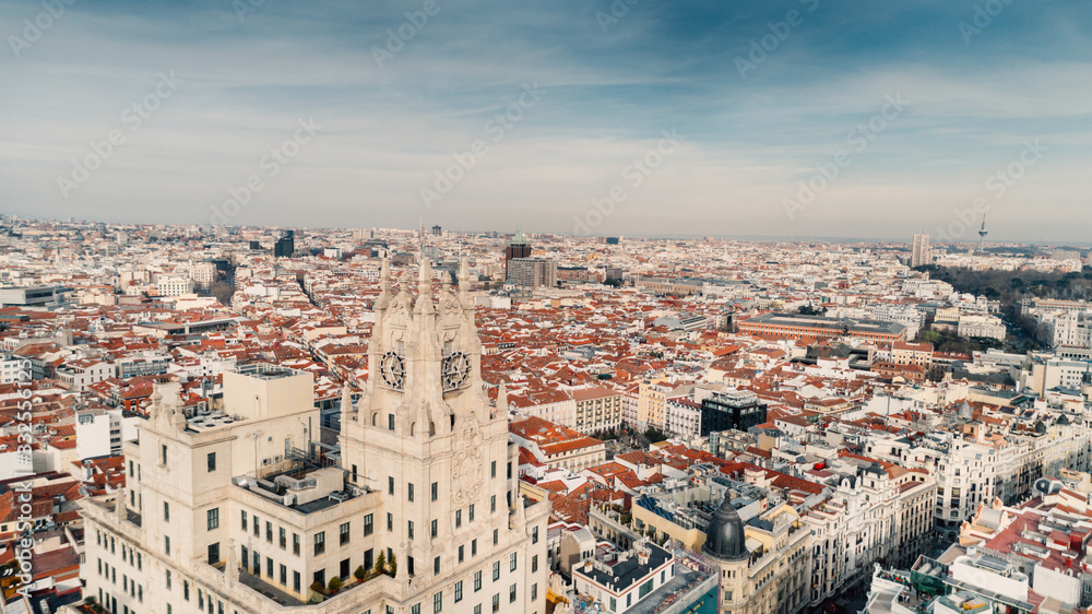 Telefonica building at Gran Via street in Madrid, Spain. Aerial view on historical landmark in capital of Spain.Madrid city center cityscape.Edificio Telefonica skyscraper form above