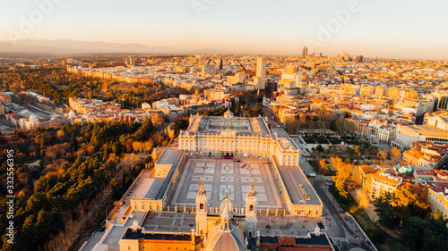 Aerial view of Madrid Royal Palace at sunset. Architecture and landmark of Madrid. Cityscape of Madrid Popular tourist attraction