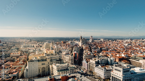 Aerial view of touristic attraction in center, Alcala and Gran Via street.Panoramic sight of main shopping street in Madrid, capital of Spain, Europe.