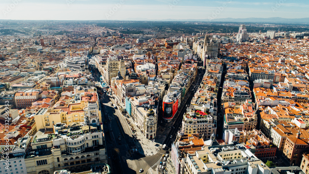 Aerial view of Calle de Alcala and Calle Gran Via.Panoramic aerial view of Gran Via, main shopping street in Madrid, capital of Spain, Europe.Tourist attraction and most famous street.