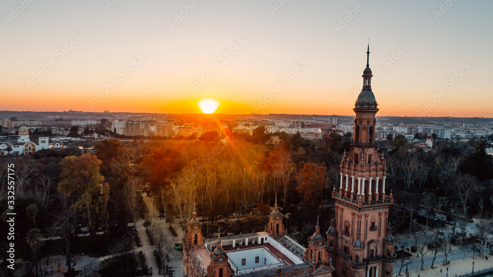 Aerial view of Plaza de Espana tower in, Seville (Sevilla), Andalusia, Spain.Sunset on Spain Square.Landmark square with a large water feature and ornate pavilion