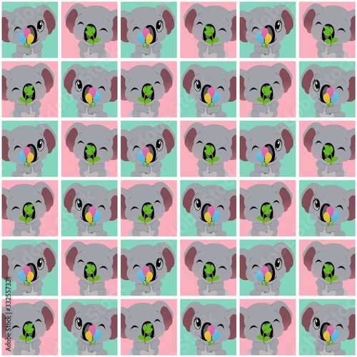 Fototapeta Naklejka Na Ścianę i Meble -  Koala Close Their Eyes and Holding Leaves and Tulips Cute Illustration, Cartoon Funny Character, Pattern Wallpaper