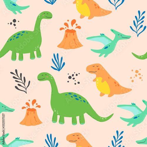 Cute dinosaur seamless pattern for kids, baby textile, wallpaper, nursery design. Funny little dino of hand drawn style. Vector illustration. © Polina Tomtosova